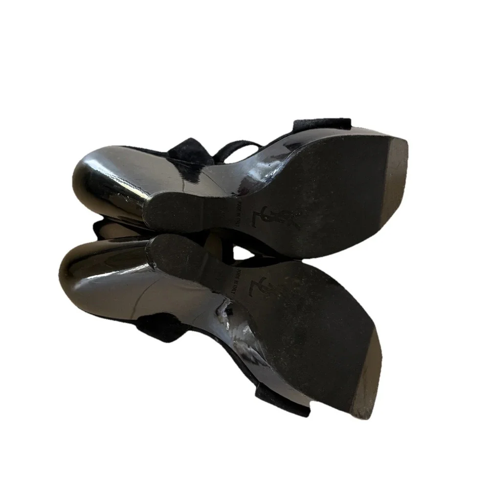 YSL Saint Laurent 2010s Era Lacquered Wedges Suede Wood Heel Black Heels Damage - Picture 9 of 16
